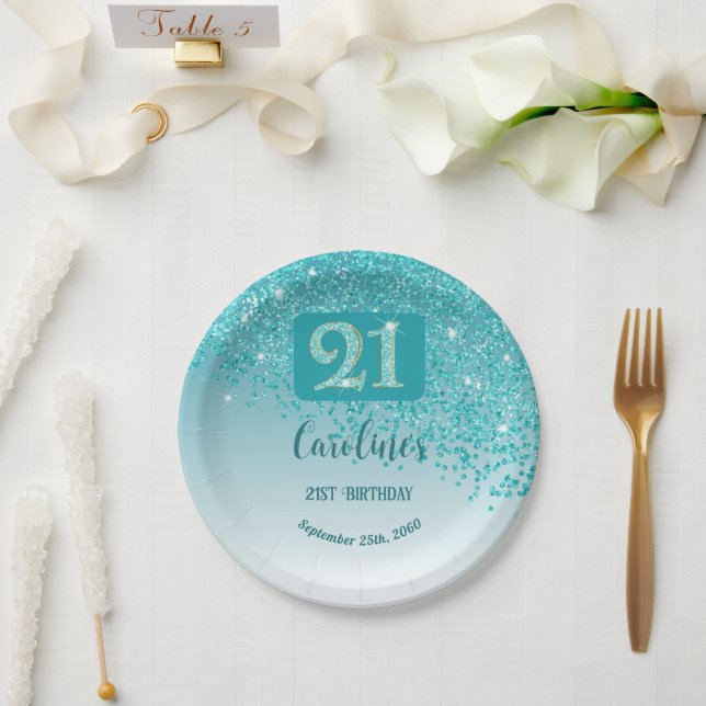 Prato De Papel 21st Birthday Party Sparkle Teal Blue Glitter (Casamento)