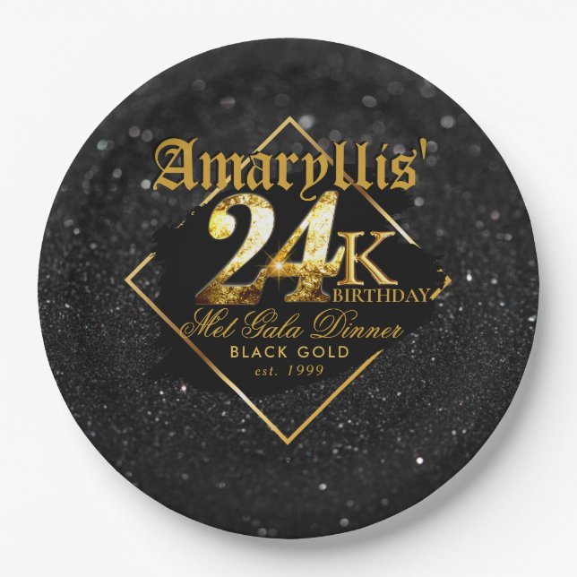 Prato De Papel 24.000 preto brilhante e Dourado aniversário elega (Frente)
