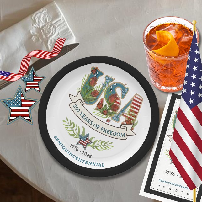 Prato De Papel 250 Years of Freedom Chic Patriotic Black Border (250 Years of Freedom Chic Patriotic Black Border Paper Plates)