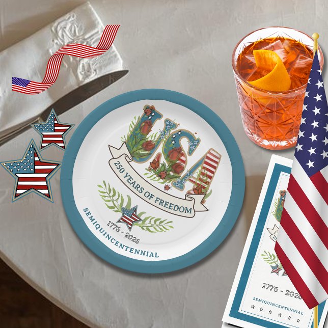 Prato De Papel 250 Years of Freedom Elegant Patriotic Blue Border (250 Years of Freedom Elegant Patriotic Blue Border Paper Plates)