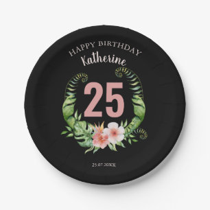 Prato De Papel 25 Birthday Black Floral name