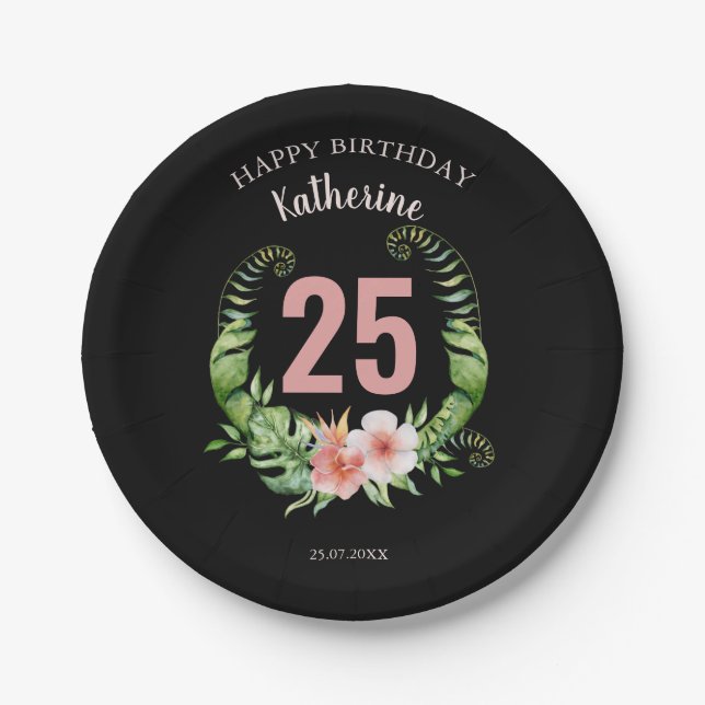 Prato De Papel 25 Birthday Black Floral name (Frente)