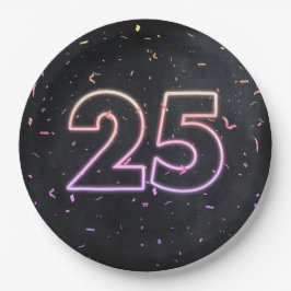 Prato De Papel 25 Birthday Neon Sign on Black Paper Plate (Placa 