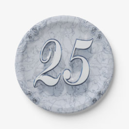 Prato De Papel 25 Birthday ou Aniversário Regel Silver Marble
