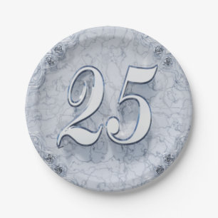 Prato De Papel 25 Birthday ou Aniversário Regel Silver Marble