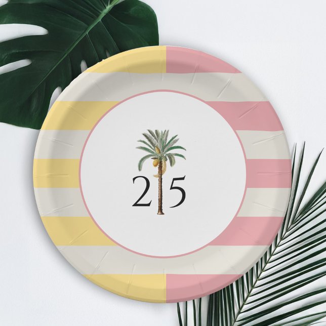 Prato De Papel 25th Birthday Palm Beach Tropical Pastel Stripe (Criador carregado)