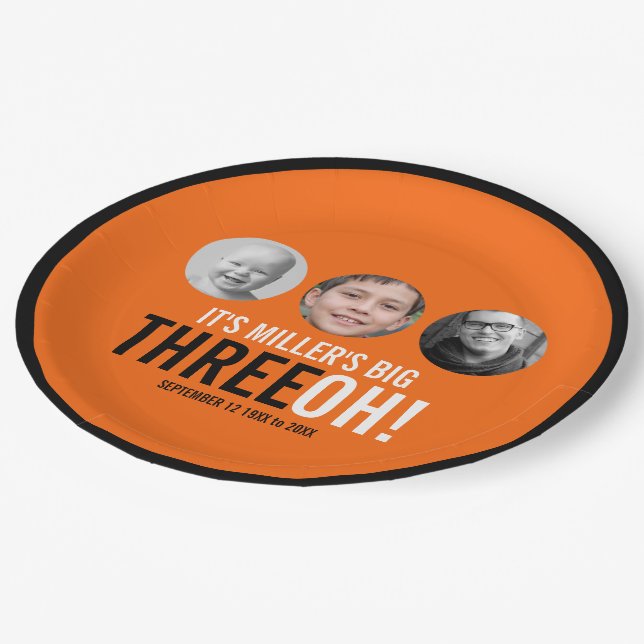 Prato De Papel 30 três anos fotográficos laranja e preto (Inclinado)