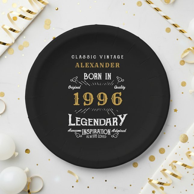 Prato De Papel 30th Birthday 1996 Legendary Retro (1996 black paper plate on a white and gold background)