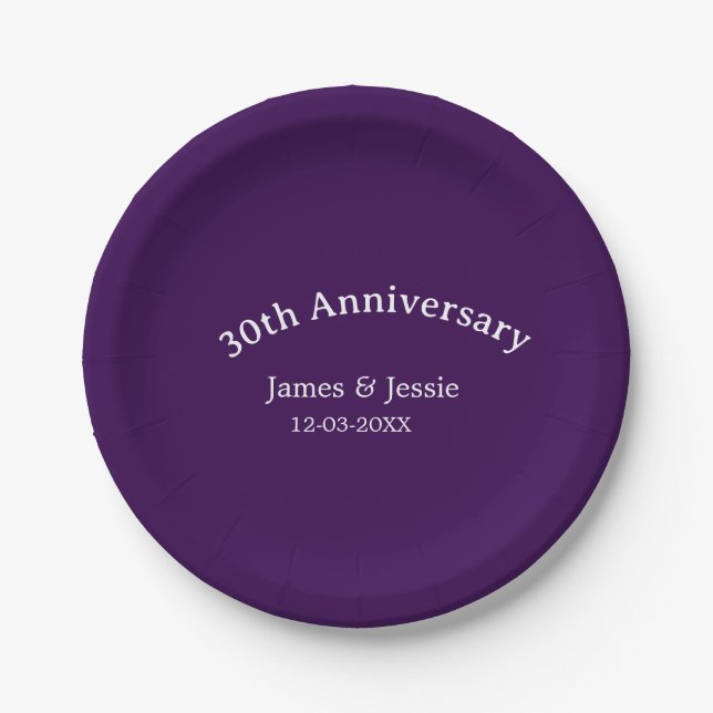 Prato De Papel 30th wedding anniversary name date purple simple  (Frente)