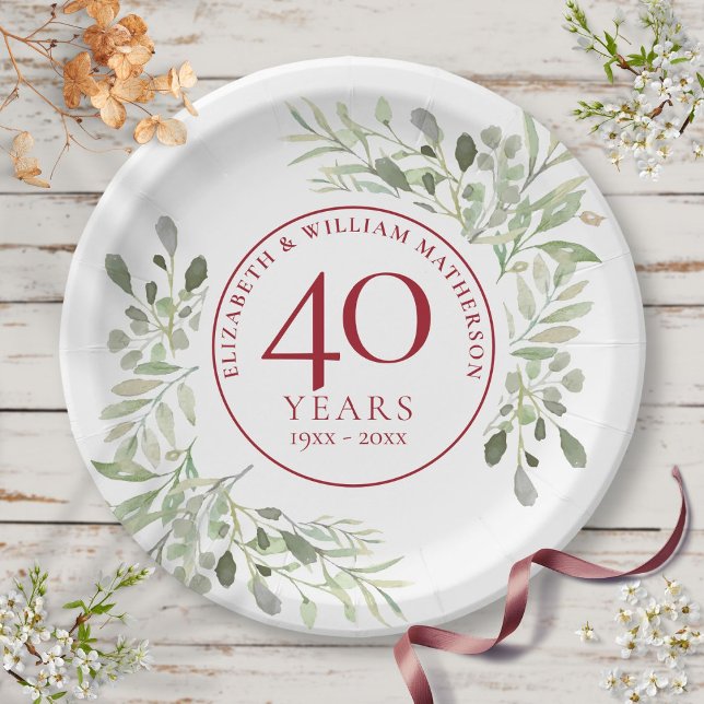 Prato De Papel 40º Aniversário de Casamento em Verde Country  (40th Ruby Wedding Anniversary Country Greenery Paper Plates)