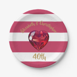 Prato De Papel 40º Aniversário Vermelho Striped Elegante