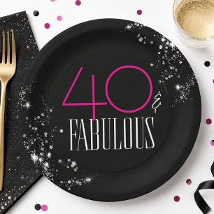 Prato De Papel 40 e Fabuloso Preto Rosa Glam Brilho Aniversário