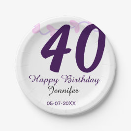Prato De Papel 40th birthday add name date year purple floral pin