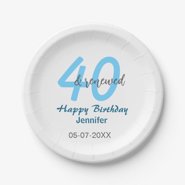 Prato De Papel 40th & renewed birthday name date blue bold number (Frente)