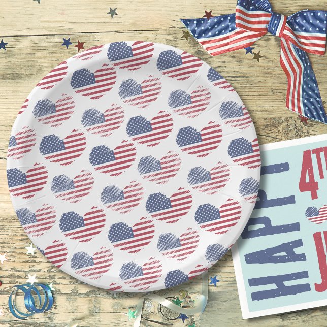 Prato De Papel 4 de julho Partido Patriótico Bandeira Americana (Cute Patriotic American Flag Rustic Heart Pattern Paper Plates)