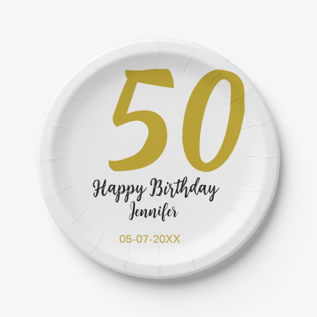 Prato De Papel 50º aniversário adicionar nome data ano modelo neg (Frente)
