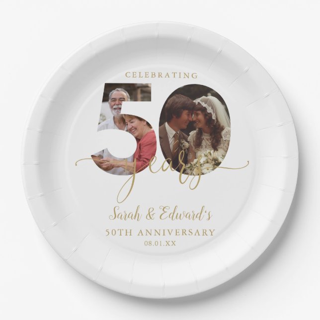 Prato De Papel 50º aniversário de casamento Dourado 2 Foto (Frente)