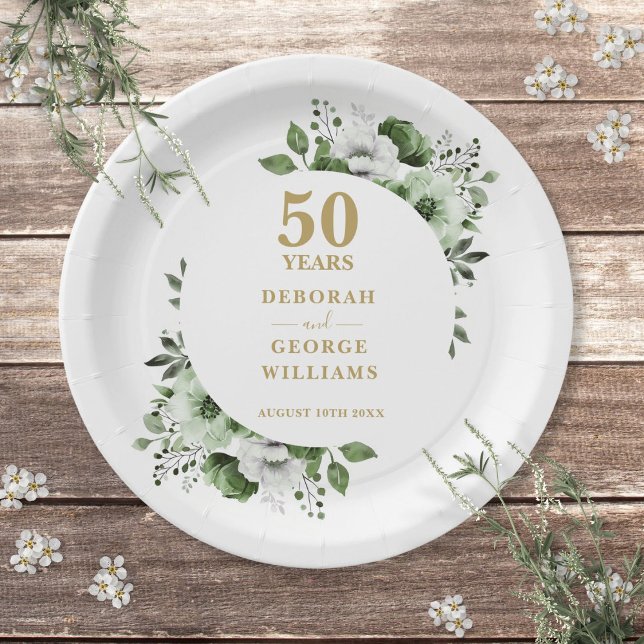 Prato De Papel 50º Aniversário do Casamento Dourado moderno Green (Modern Gold 50th Wedding Anniversary Greenery Paper Plates)