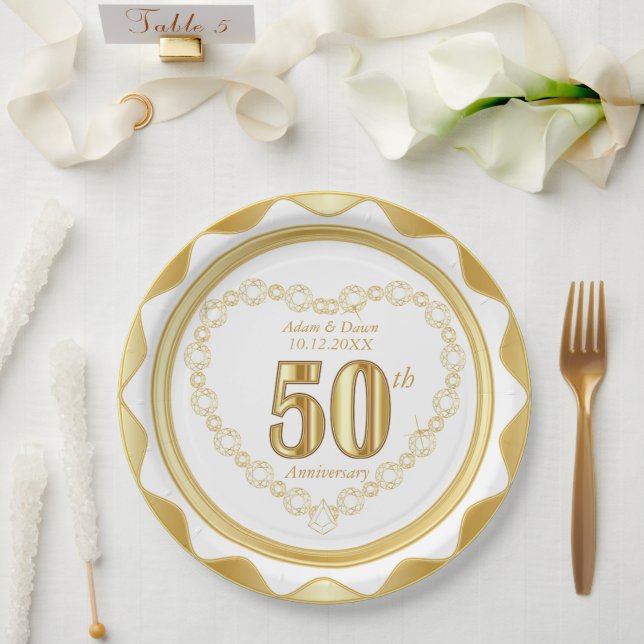 Prato De Papel 50º Aniversário - Dourado e Branco (Casamento)