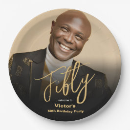 Prato De Papel 50º aniversário Foto personalizada de chic Dourado