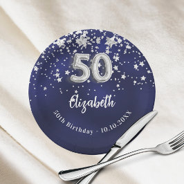 Prato De Papel 50º Aniversário marinho estrelas de prata azul