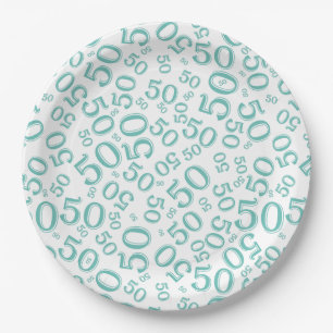 Prato De Papel 50º Aniversário Número Padrão Teal/Branco