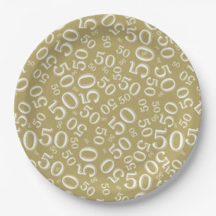 Prato De Papel 50º Aniversário Padrão do Número Dourado/Branco