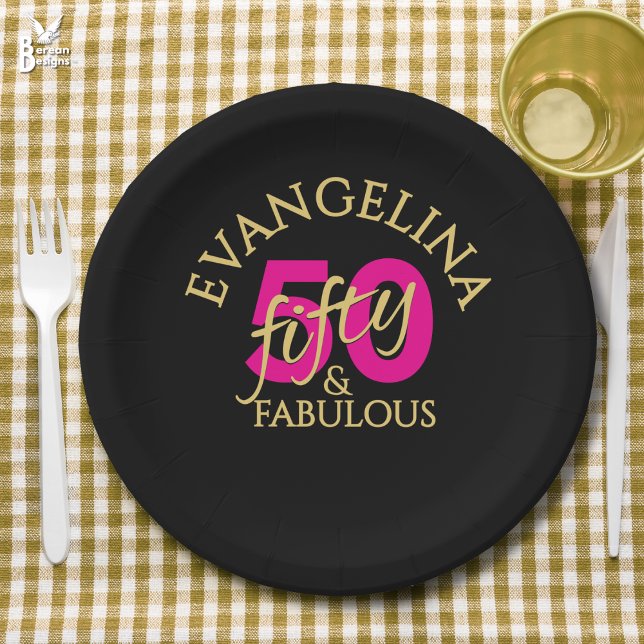 Prato De Papel 50 and Fabulous Custom Name Fiftieth Birthday (50 and Fabulous 50th birthday paper plate with custom name. Ideal for fiftieth birthday celebrations)