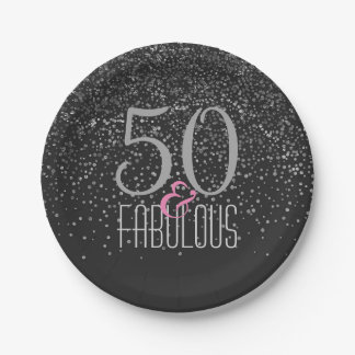 Prato De Papel 50 & aniversário elegante preto fabuloso da prata