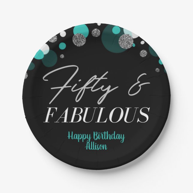 Prato De Papel 50 e Fablous Birthday Teal Siver Confetti (Frente)