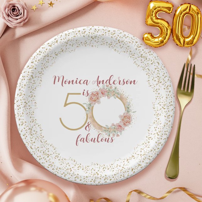 Prato De Papel 50 e Fabuloso 50º nome da Festa de aniversário bri (50 and Fabulous Pink Floral Gold Photo Birthday Paper Plates)
