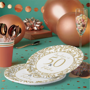 Prato De Papel 50 e Fabuloso Padrão Dourado Floral 50º Aniversári