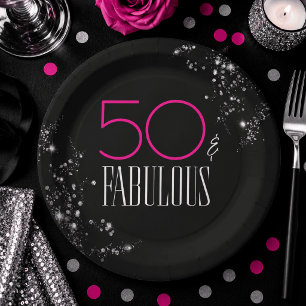 Prato De Papel 50 e Fabuloso Preto Rosa Glam Brilho Aniversário