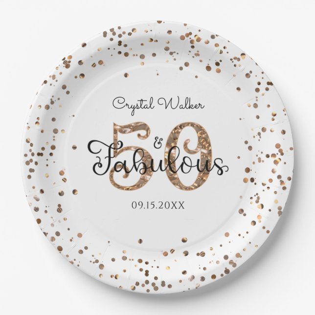 Prato De Papel 50 E FABULOUS Birthday Elegant Copper Dourado Name (Frente)