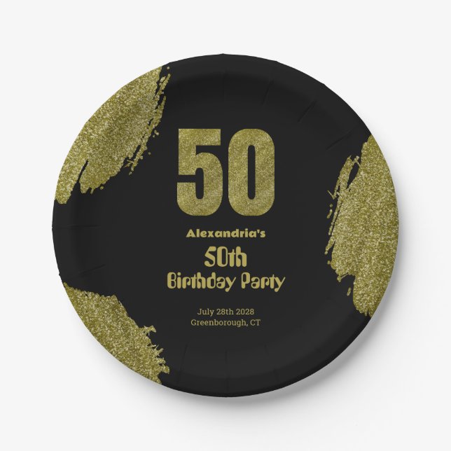 Prato De Papel 50th birthday black gold glitter party (Frente)