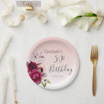 Prato De Papel 50th birthday blush pink rose gold floral<br><div class="desc">A paper plate for a 50th birthday party. A girly and elegant soft rose gold ombre background. Decorated with dark purple, burgundy and rose pink colored flowers. Templates for a name and a date. The text: 50th Birthday is written in dark gray with a large modern hand lettered style script....</div>