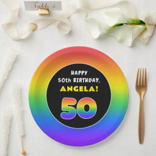 Prato De Papel 50th Birthday: Colorful Rainbow # 50, Custom Name
