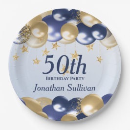 Prato De Papel 50th Birthday Navy Gold Balloons Party
