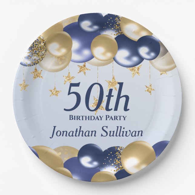 Prato De Papel 50th Birthday Navy Gold Balloons Party (Frente)