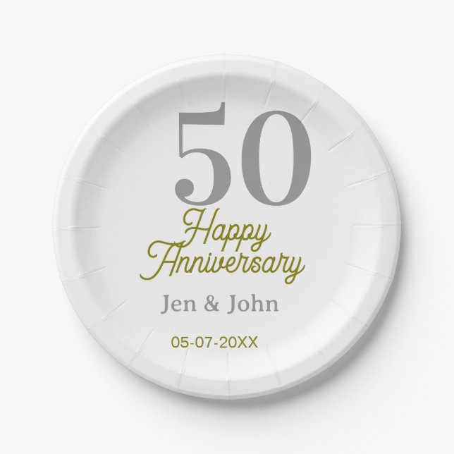 Prato De Papel 50th happy anniversary name date silver gold date  (Frente)
