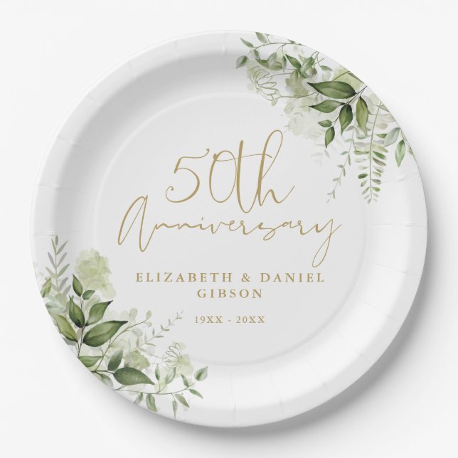 Prato De Papel 50th Wedding Anniversary Greenery Gold Script (Frente)