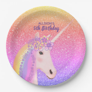 Prato De Papel 5 Birthday Unicorn Rainbow Pastel Personalizado