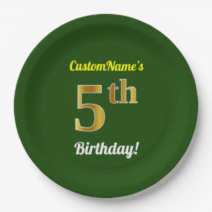 Prato De Papel 5 Verde, Faux Dourado Aniversário + Nome Personal