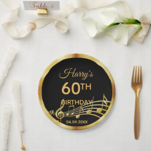 Prato De Papel 60º aniversário de notas de música em ouro negro c