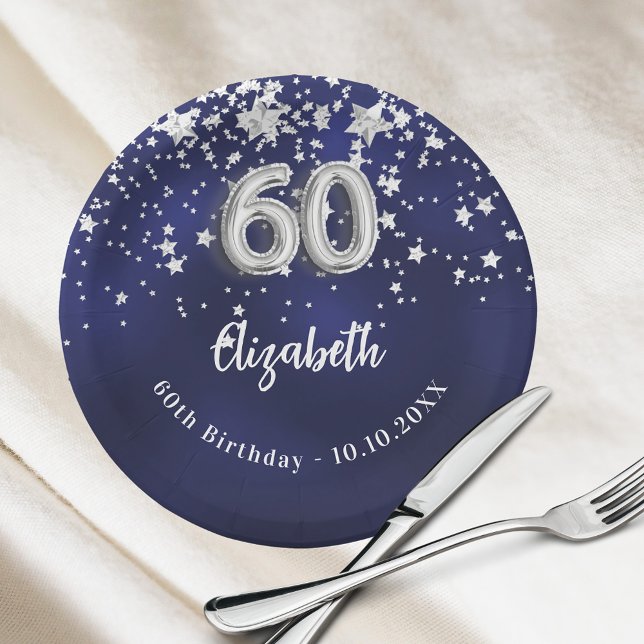 Prato De Papel 60º Aniversário estrelas marinhos de prata azul (Criador carregado)
