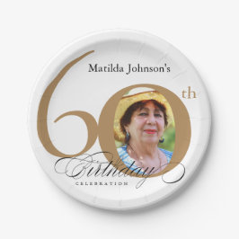 Prato De Papel 60º aniversário Foto de Caligrafia Branca Dourada 