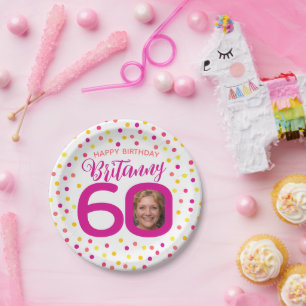 Prato De Papel 60º aniversário foto rosa ouro amarelo confetti