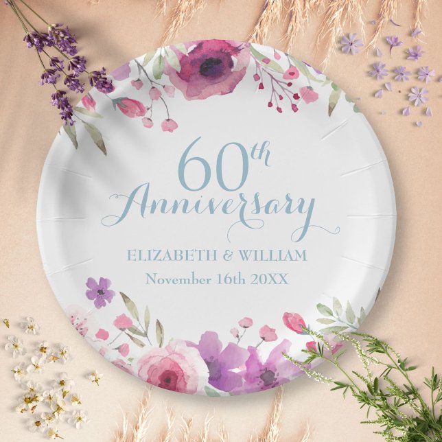 Prato De Papel 60.º Aniversário Rosas de Aquarela (60th Anniversary Watercolour Roses Greenery Paper Plates)