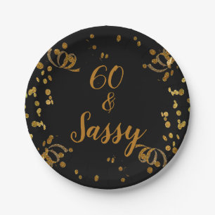Prato De Papel 60 e Sassy Aniversário de 60 anos Preto   Faux Dou