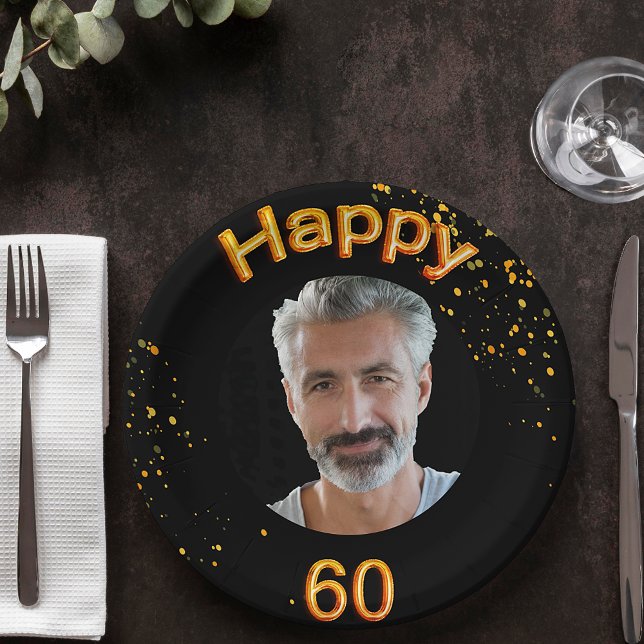 Prato De Papel 60th birthday party photo gold balloons black (Criador carregado)
